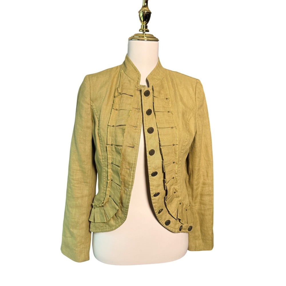 Cynthia Steffe Size 4 Olive Linen Ruffle Military Cropped Blazer Jacket